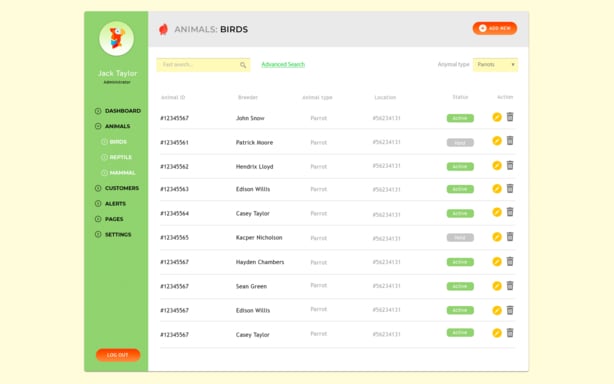 Admin panel screen